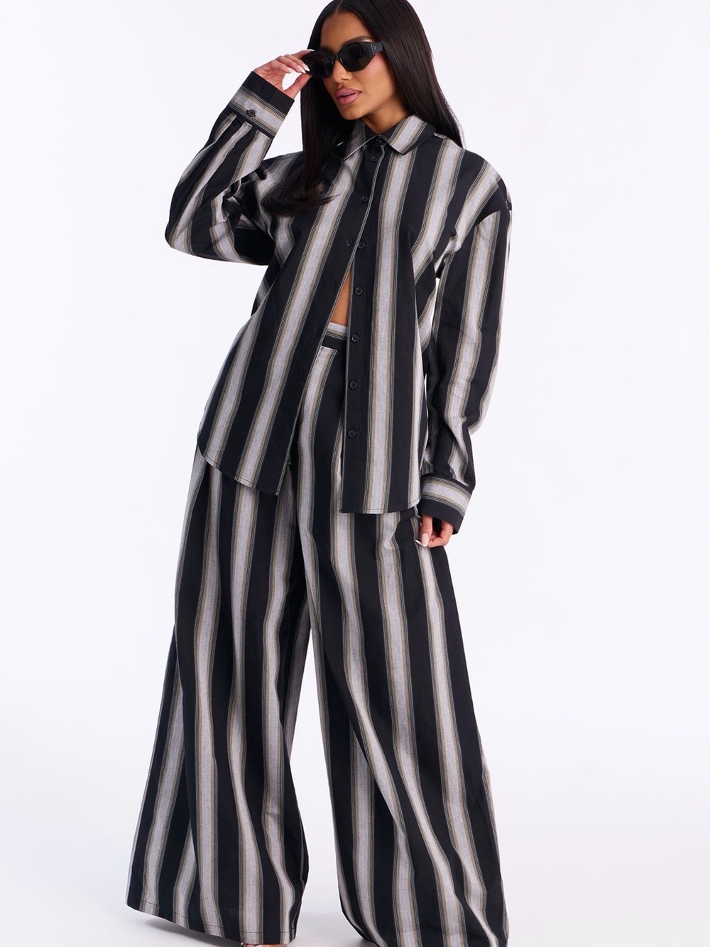 Fashion Nova Black and Gray Striped Wide-Leg Pants & Shirt Set